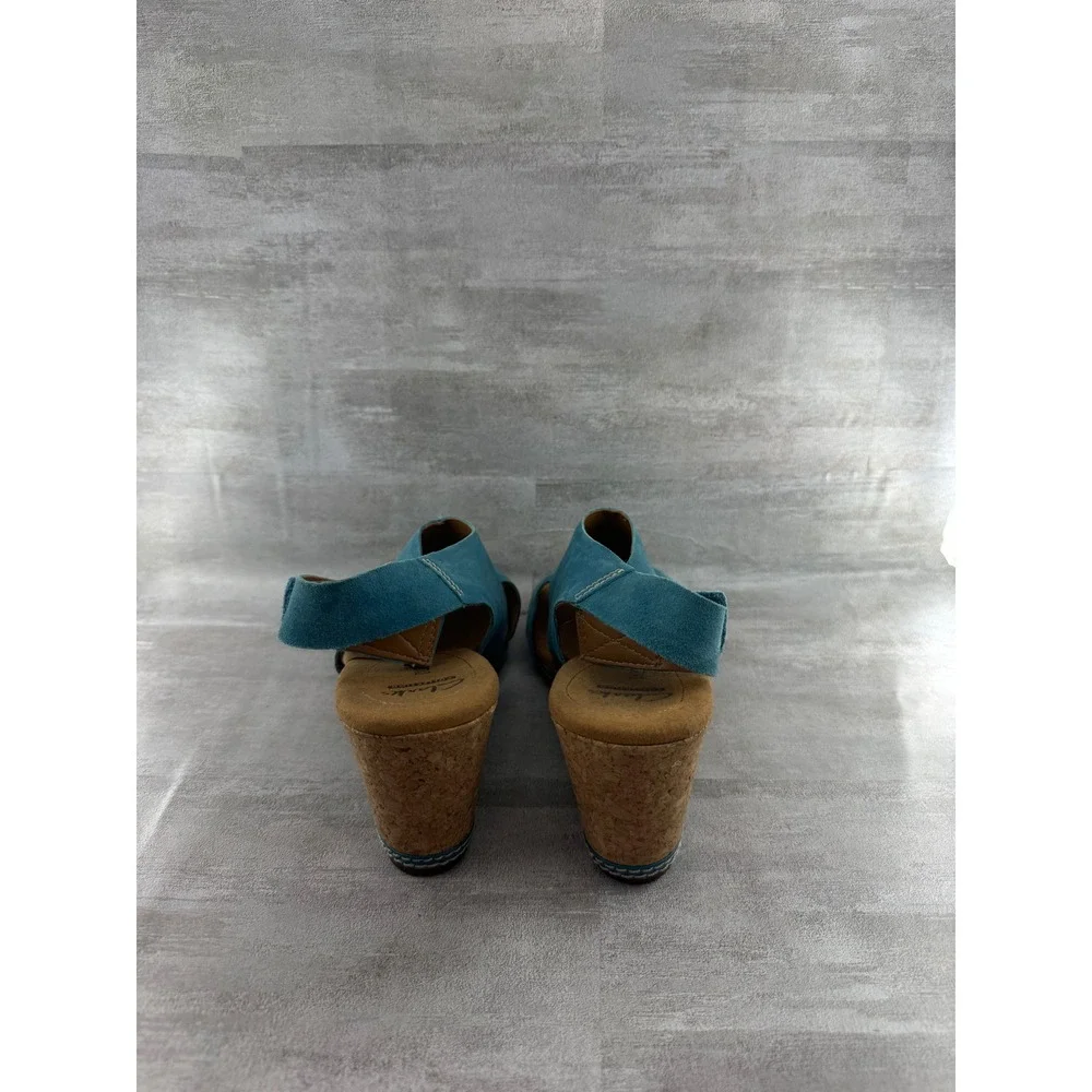 Clarks Teal Blue Nubuck Leather Cork Wedge Sandals Peep Toe Women Sz 11 M